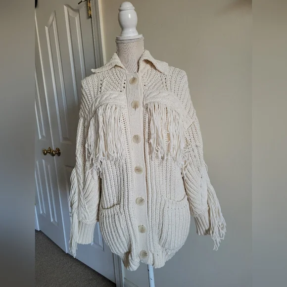 Anthropologie Maeve Fringed Cardigan. Avori - Picture 4 of 8